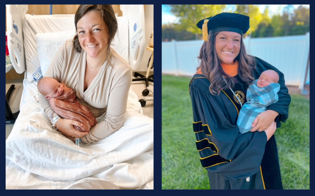 New UNC Greensboro School of Nursing graduate Abby Bailiff poses for photographs while holding her son, Bodie.
